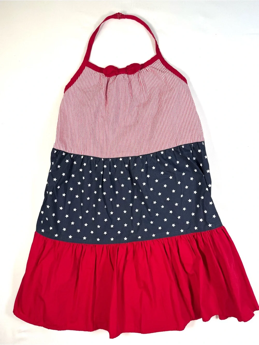 GYMBOREE Girls Americana Stars Stripes Seersucker Halter Dress 12 Patriotic USA